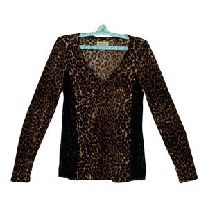 Denim & Supply Ralph Lauren Blouse Womens MED Black Brown Lace Leopard Print Tee